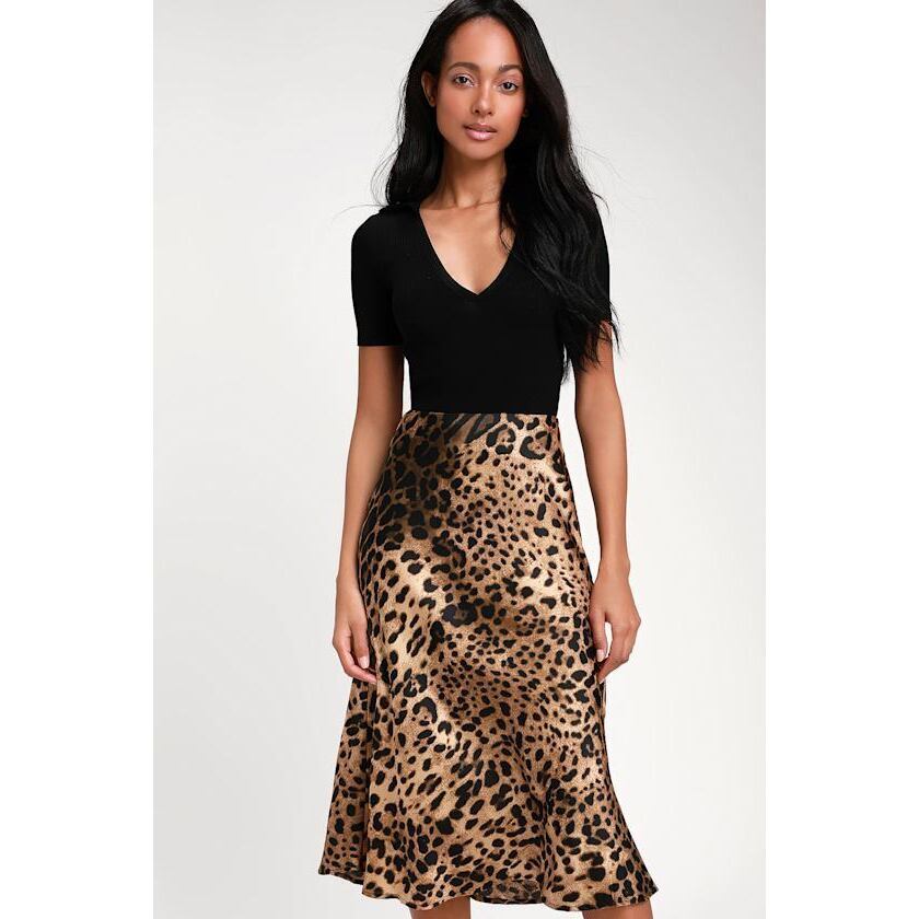 Lulus Wild Wonder Brown Leopard Print Satin Midi Skirt - Size S